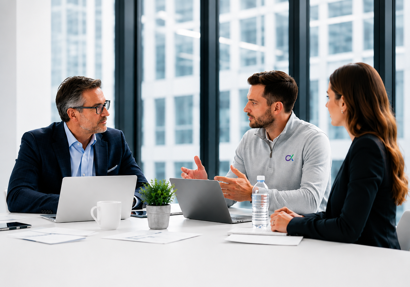 PrismCX team members in conversation during a client working session