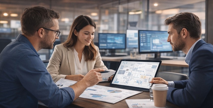 Team reviewing workflow and performance insights